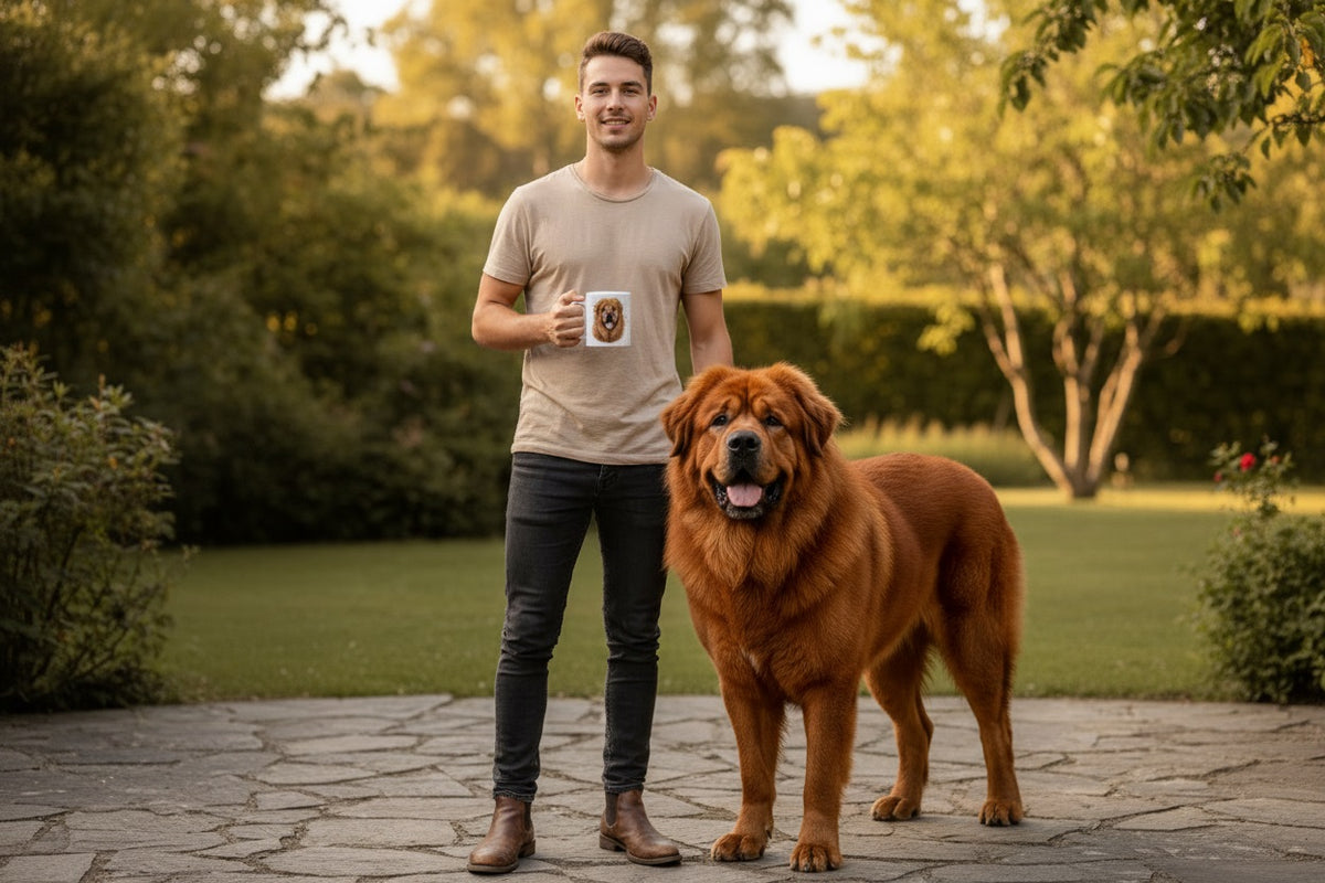 Mastín del Tíbet junto a taza cerámica con ilustración en acuarela – escena lifestyle Kiranoa