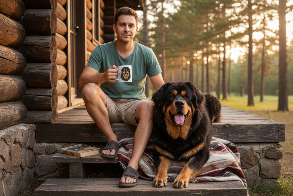 Dogo del Tibet junto a taza cerámica con ilustración en acuarela – escena lifestyle Kiranoa