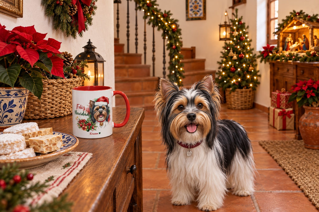 Biewer Terrier junto a taza roja de Navidad con ilustración en acuarela escena lifestyle Kiranoa Navidad