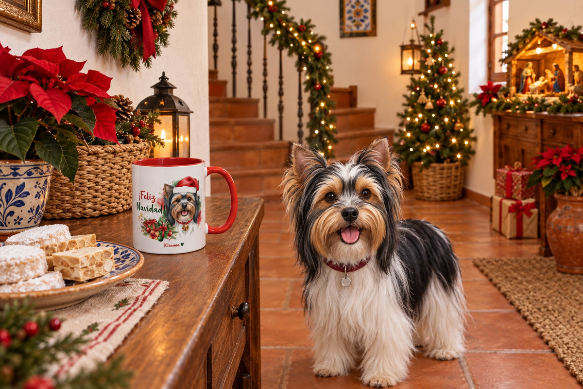 Biewer Terrier junto a taza roja de Navidad con ilustración en acuarela escena lifestyle Kiranoa Navidad