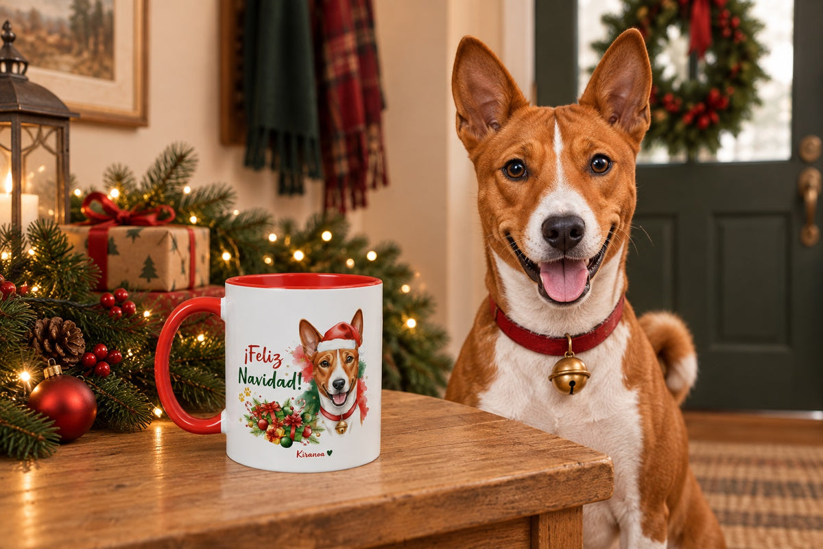 Basenji junto a taza roja de Navidad con ilustración en acuarela escena lifestyle Kiranoa