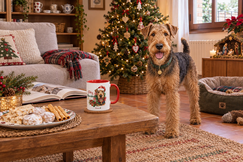 Airedale Terrier junto a taza roja de Navidad con ilustración en acuarela escena lifestyle Kiranoa Navidad