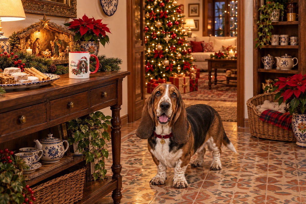 Basset Hound junto a taza roja de Navidad con ilustración en acuarela escena lifestyle Kiranoa Navidad