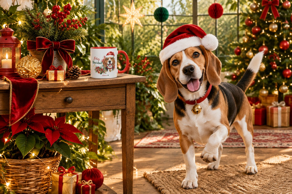 Beagle junto a taza roja de Navidad con ilustración en acuarela escena lifestyle Kiranoa