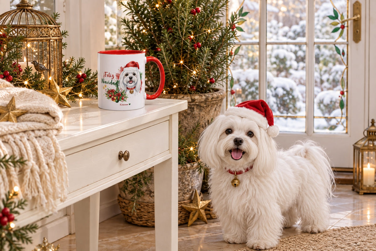 Bichón Maltés junto a taza roja de Navidad con ilustración en acuarela escena lifestyle Kiranoa