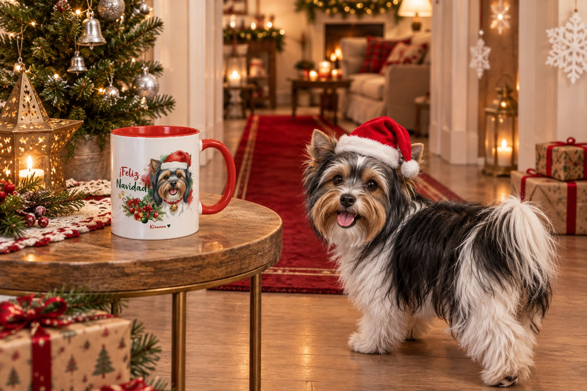 Biewer Terrier junto a taza roja de Navidad con ilustración en acuarela escena lifestyle Kiranoa