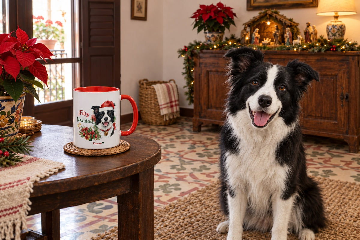 Border Collie junto a taza roja de Navidad con ilustración en acuarela escena lifestyle Kiranoa