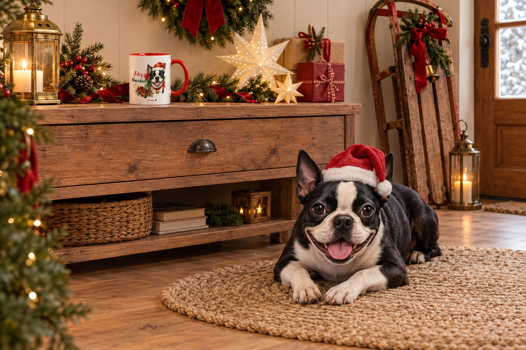 Boston Terrier junto a taza roja de Navidad con ilustración en acuarela escena lifestyle Kiranoa