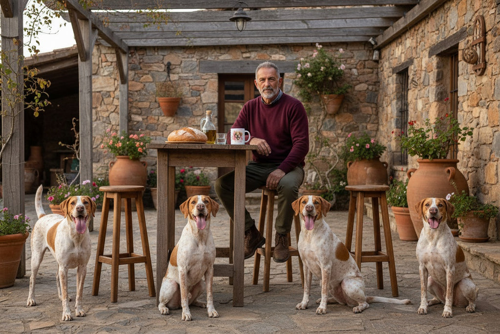 Pachón Navarro junto a taza cerámica con ilustración en acuarela – escena lifestyle Kiranoa