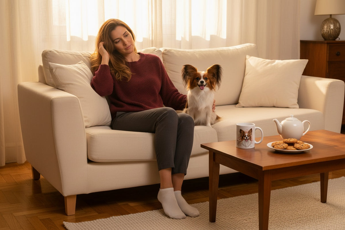 Papillón Spaniel junto a taza cerámica con ilustración en acuarela – escena lifestyle Kiranoa