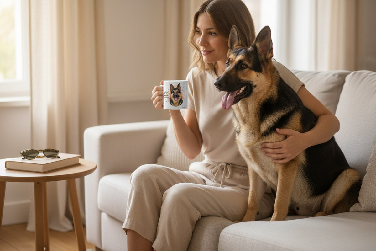 Pastor Alemán junto a taza cerámica con ilustración en acuarela – escena lifestyle Kiranoa