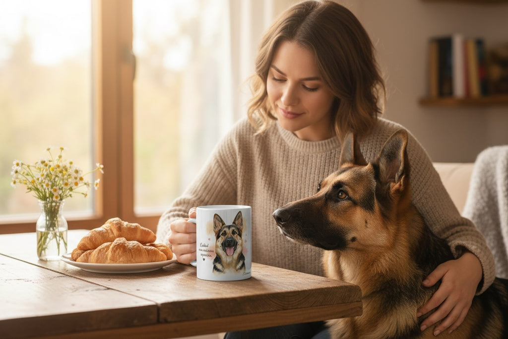 Mujer en mesa de desayuno con su Pastor Alemán y la taza Pastor Alemán de Kiranoa