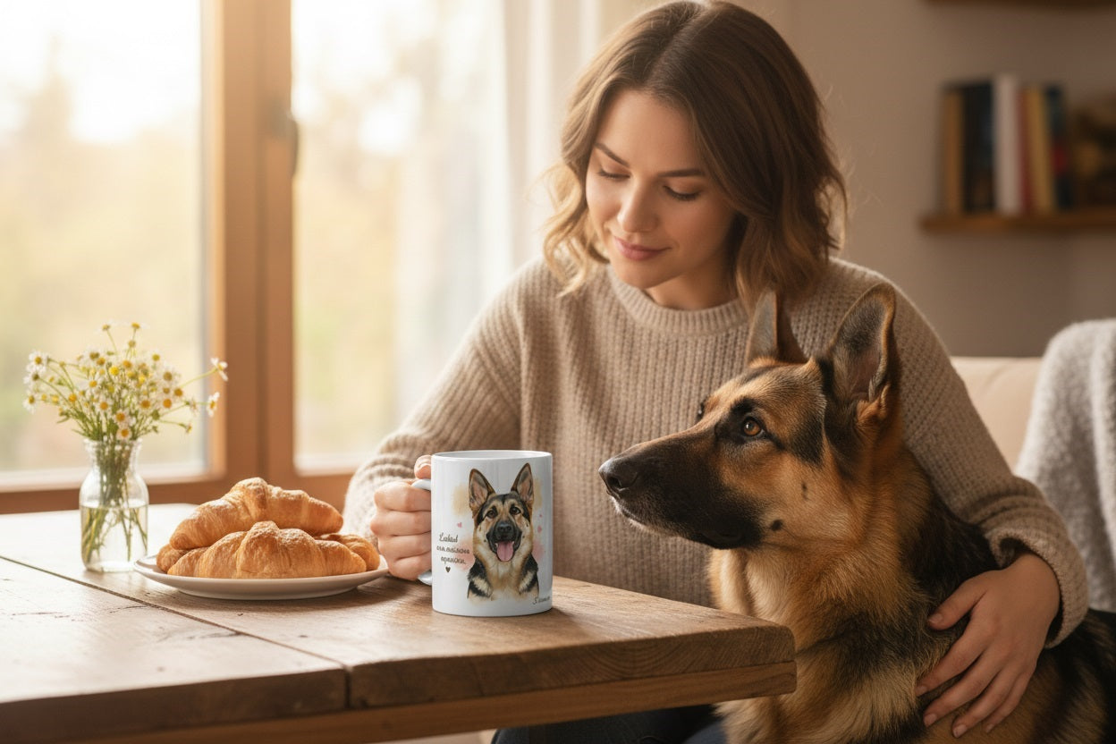 Mujer en mesa de desayuno con su Pastor Alemán y la taza Pastor Alemán de Kiranoa