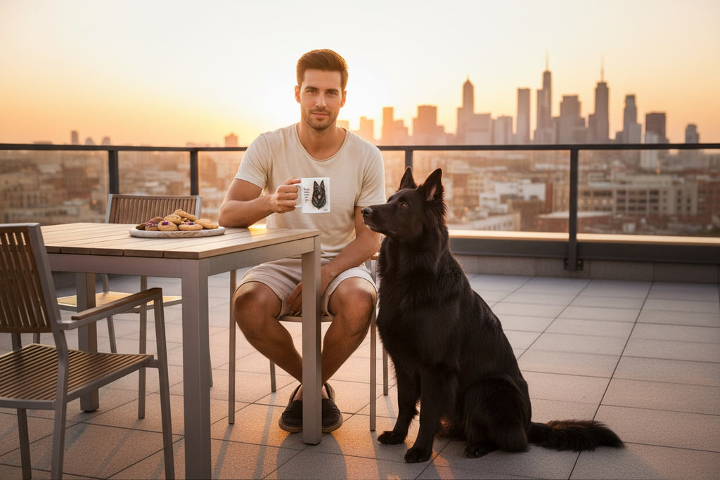 Pastor Belga Groenendael junto a taza cerámica con ilustración en acuarela – escena lifestyle Kiranoa