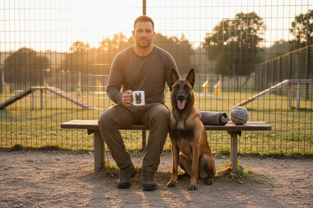 Adiestrador con su Pastor Belga Malinois en parque canino sosteniendo la taza Malinois de Kiranoa