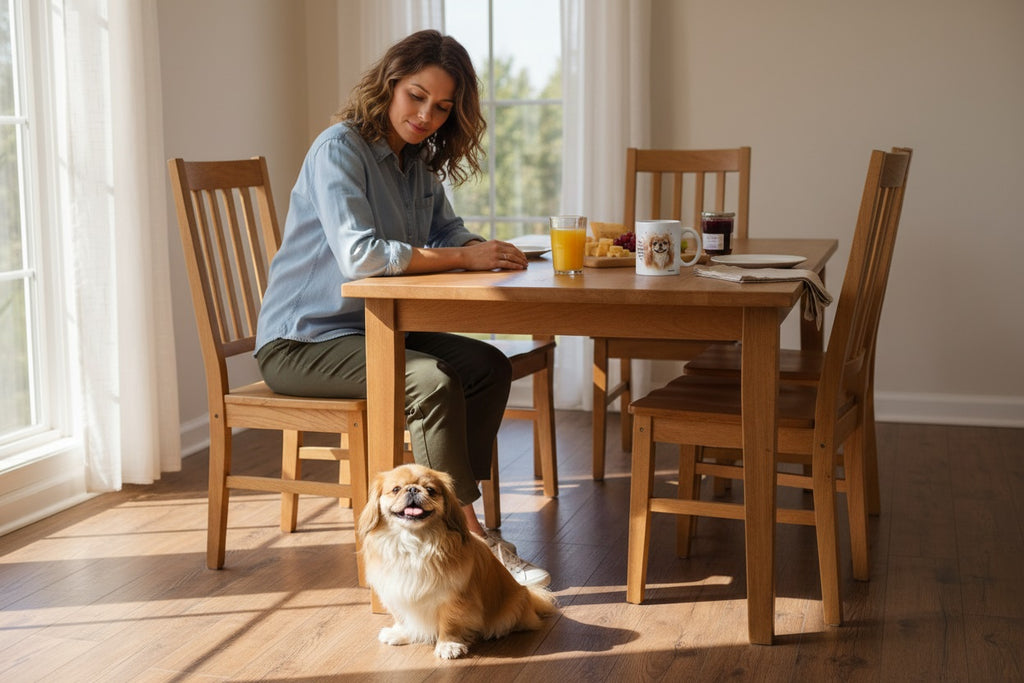Pekinés junto a taza cerámica con ilustración en acuarela – escena lifestyle Kiranoa