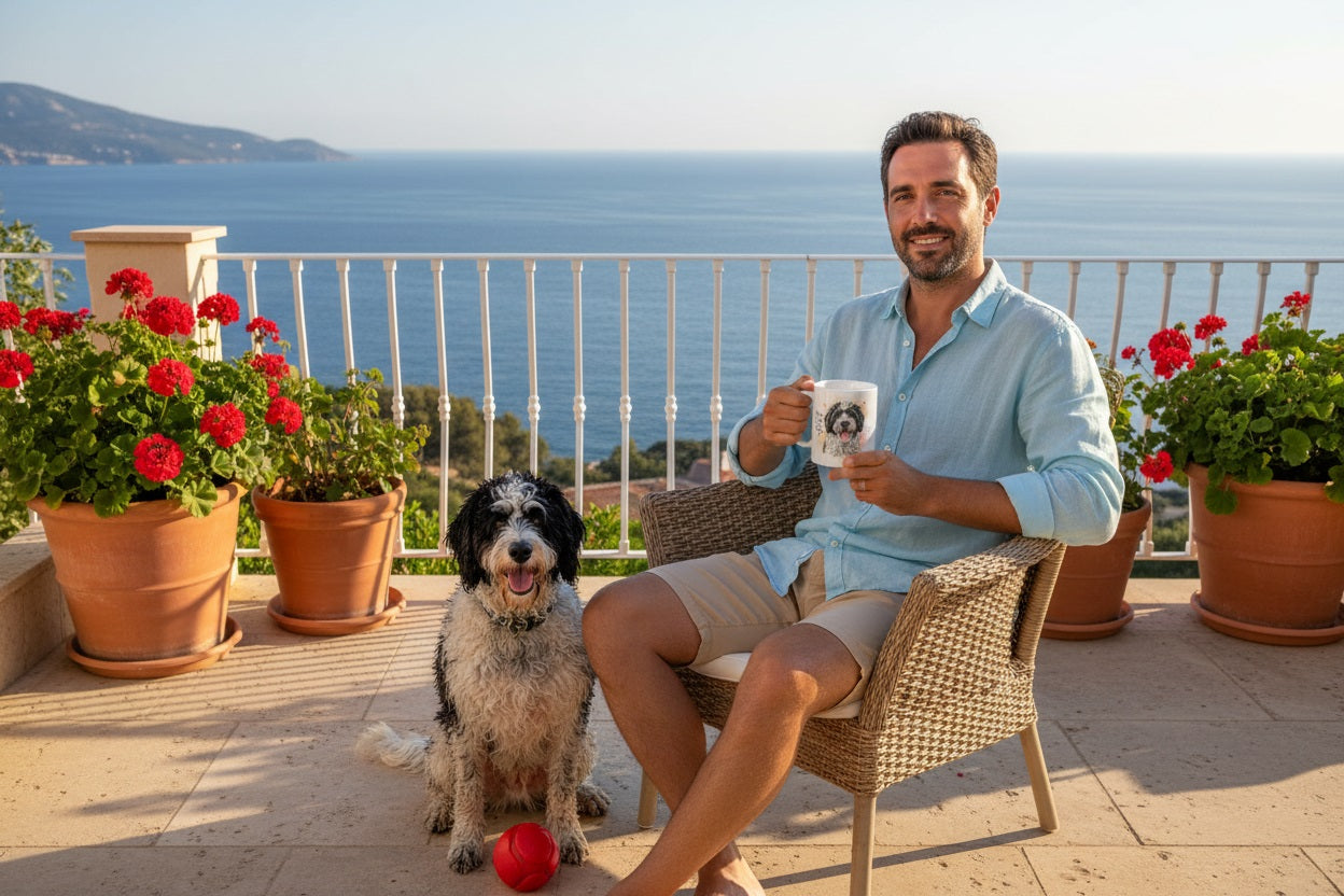Hombre en terraza mediterránea con vistas al mar sosteniendo la taza Perro de Agua, con su Perro de Agua Español mojado y con pelota – Kiranoa