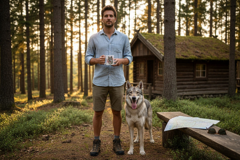Perro Lobo Checoslovaco junto a taza cerámica con ilustración en acuarela – escena lifestyle Kiranoa
