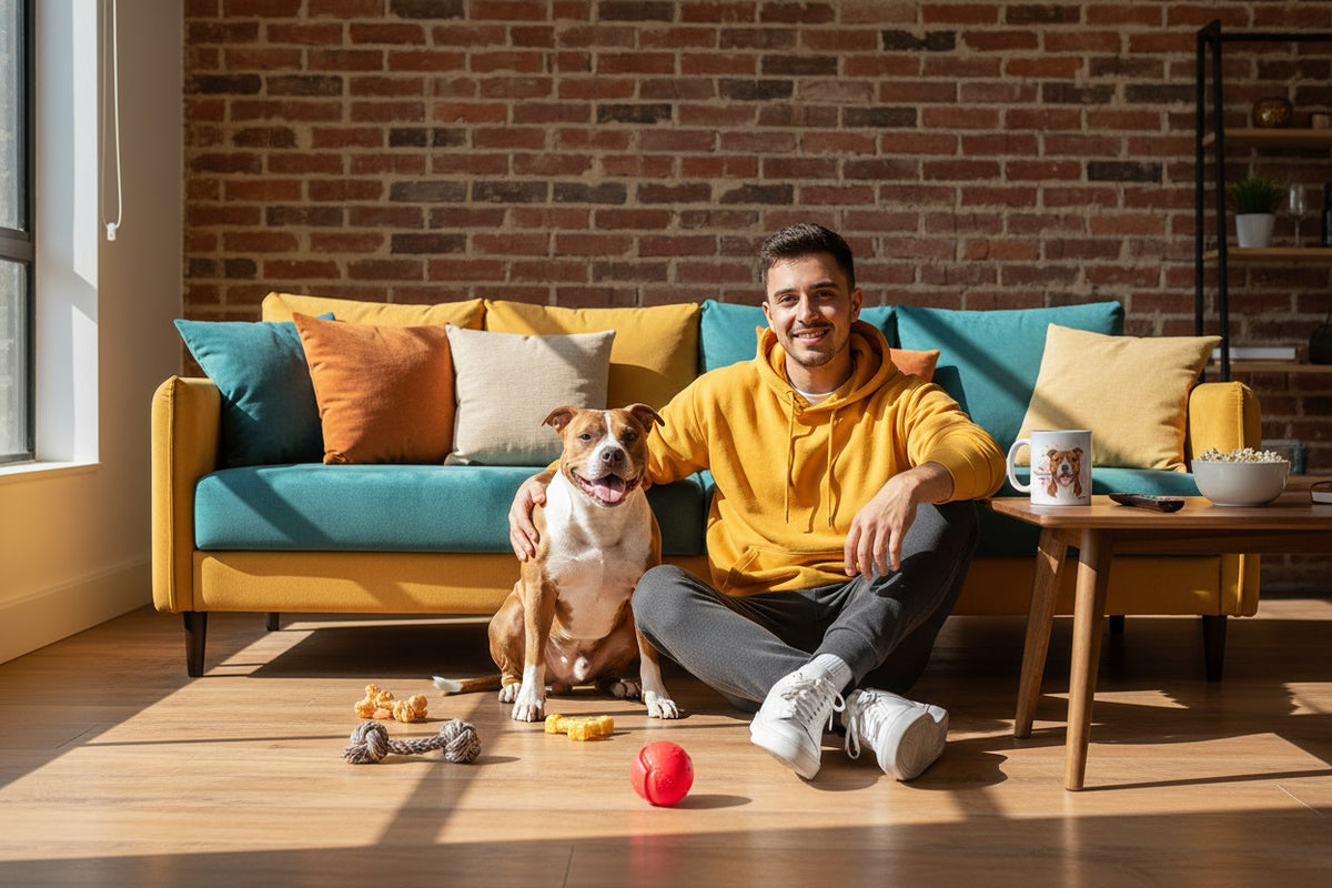 Pit Bull Terrier Americano junto a taza cerámica con ilustración en acuarela – escena lifestyle Kiranoa