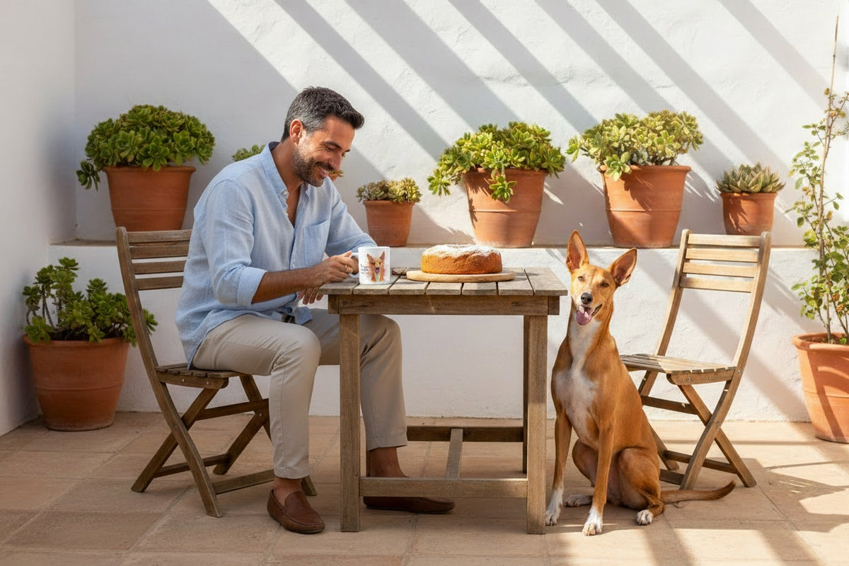 Podenco Andaluz junto a taza cerámica con ilustración en acuarela – escena lifestyle Kiranoa