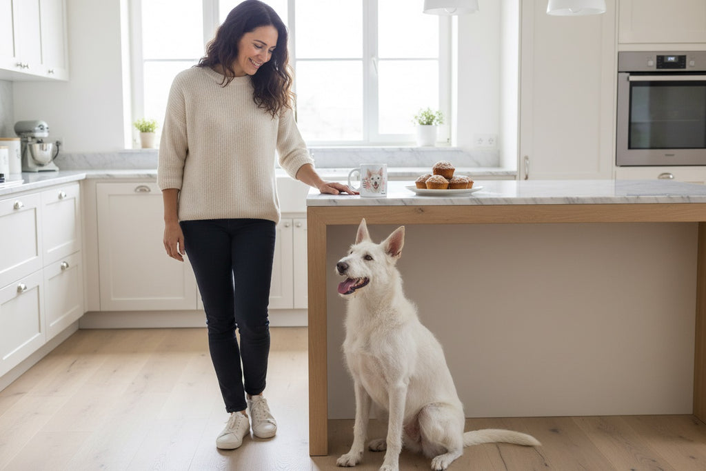 Podenco Campanero junto a taza cerámica con ilustración en acuarela – escena lifestyle Kiranoa