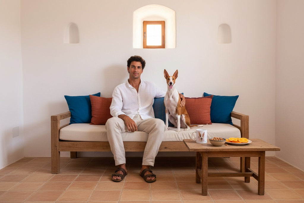 Podenco Ibicenco junto a taza cerámica con ilustración en acuarela – escena lifestyle Kiranoa