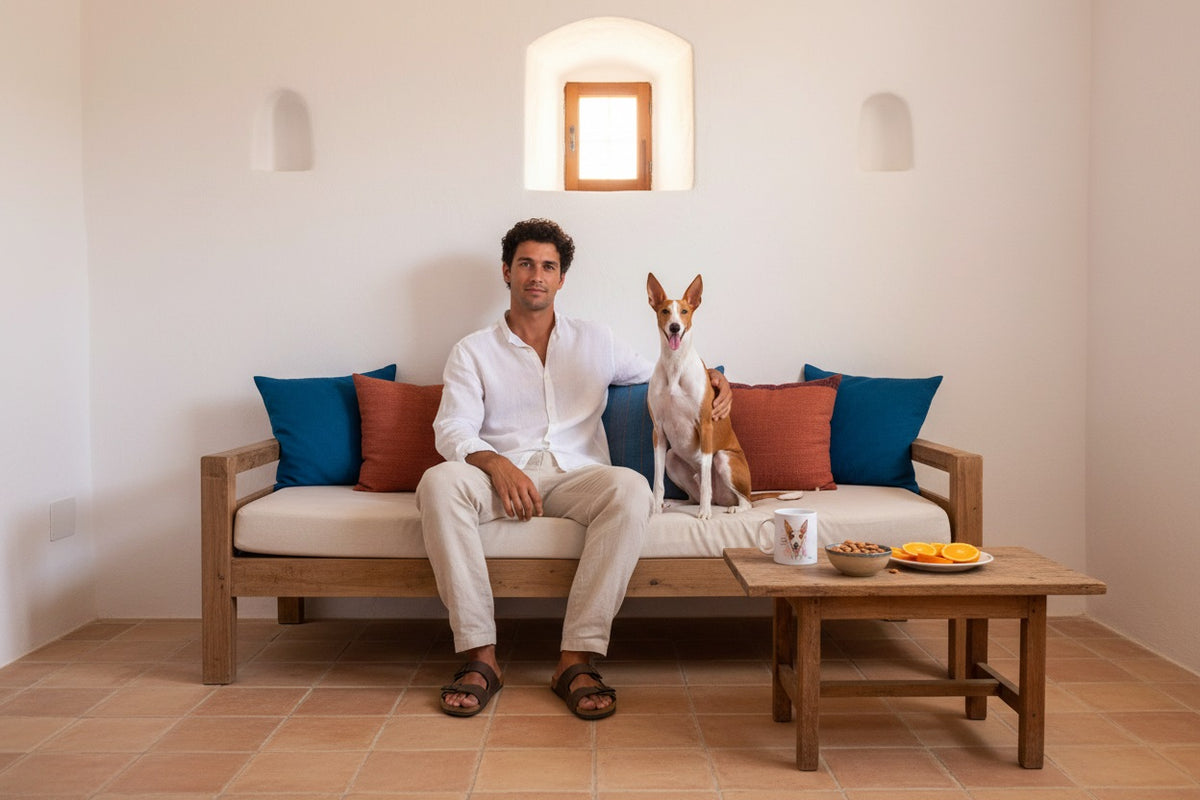Podenco Ibicenco junto a taza cerámica con ilustración en acuarela – escena lifestyle Kiranoa