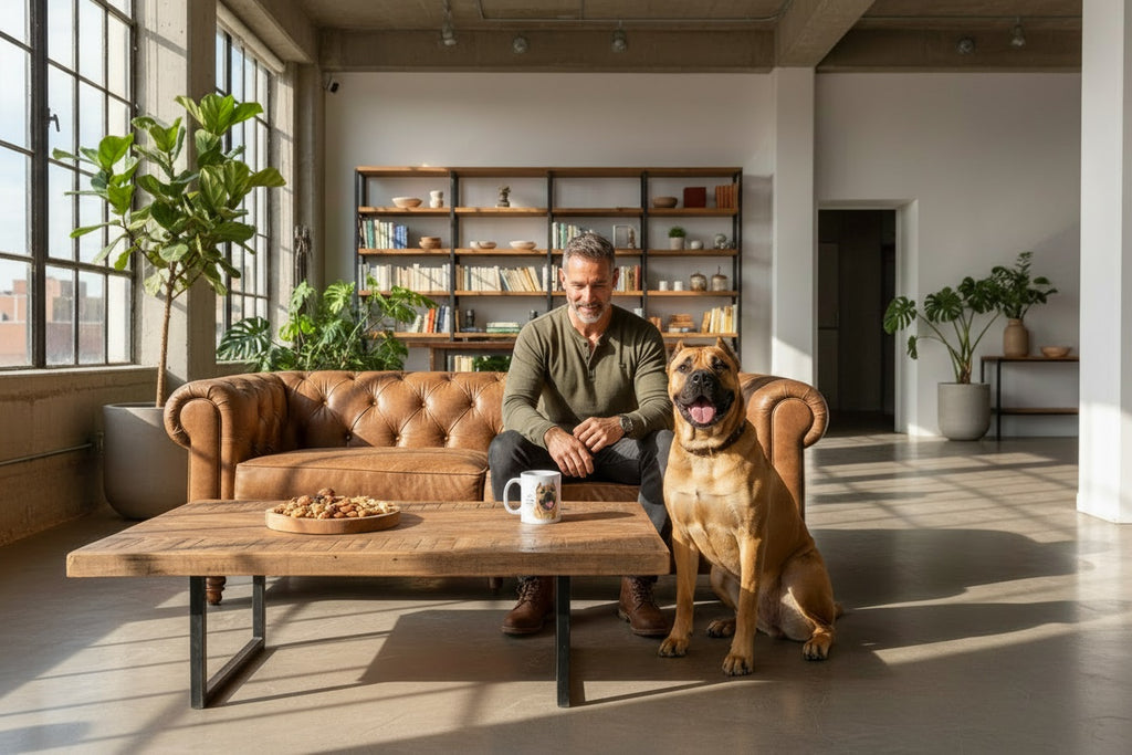 Presa Canario junto a taza cerámica con ilustración en acuarela – escena lifestyle Kiranoa
