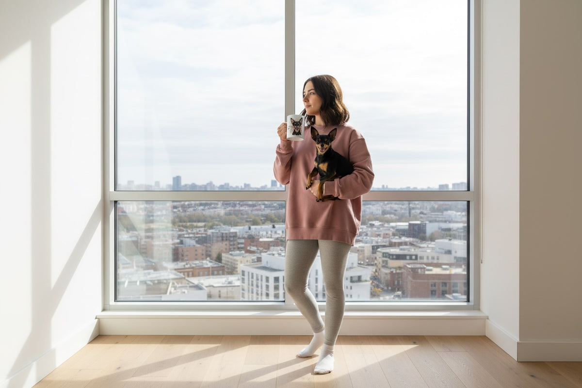 Ratonero de Praga junto a taza cerámica con ilustración en acuarela – escena lifestyle Kiranoa
