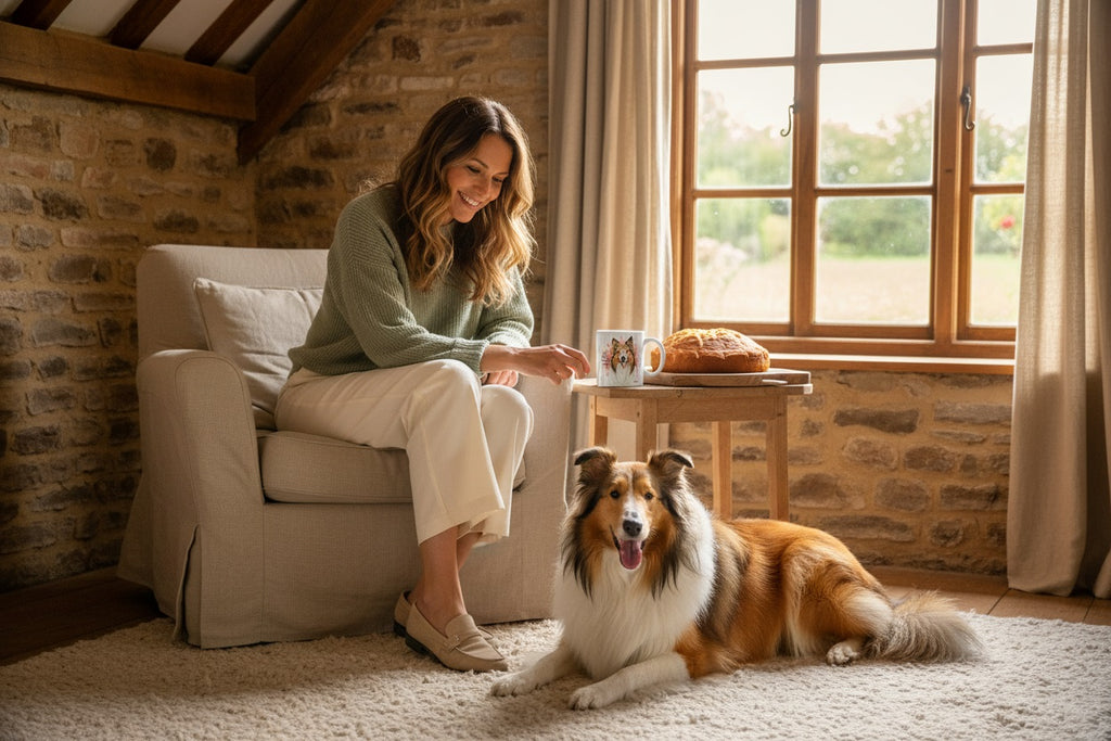 Rough Collie junto a taza cerámica con ilustración en acuarela – escena lifestyle Kiranoa
