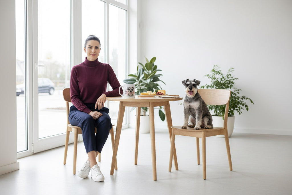 Schnauzer junto a taza cerámica con ilustración en acuarela – escena lifestyle Kiranoa