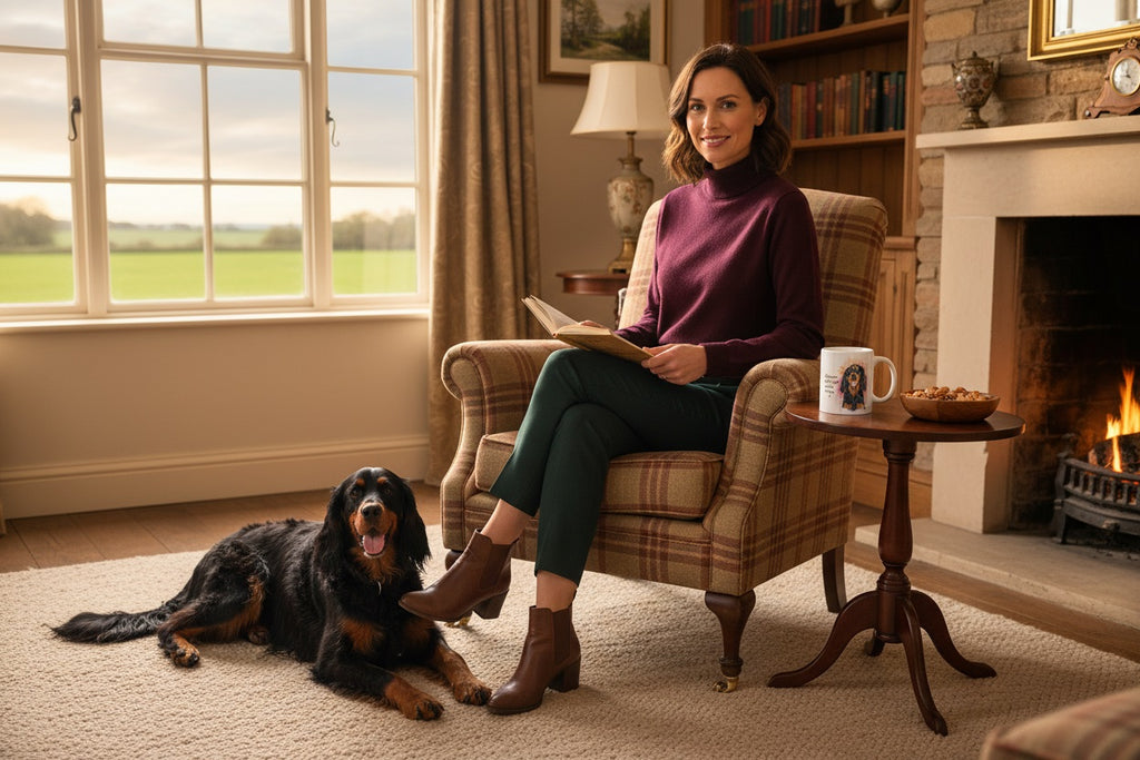 Setter Gordon junto a taza cerámica con ilustración en acuarela – escena lifestyle Kiranoa