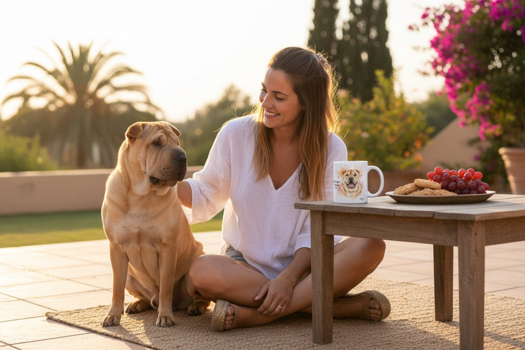 Shar Pei junto a taza cerámica con ilustración en acuarela – escena lifestyle Kiranoa
