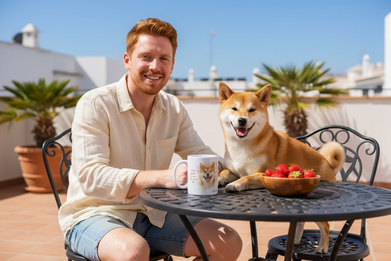 Shiba Inu junto a su dueño pelirrojo en terraza con mesa de hierro – taza cerámica Kiranoa