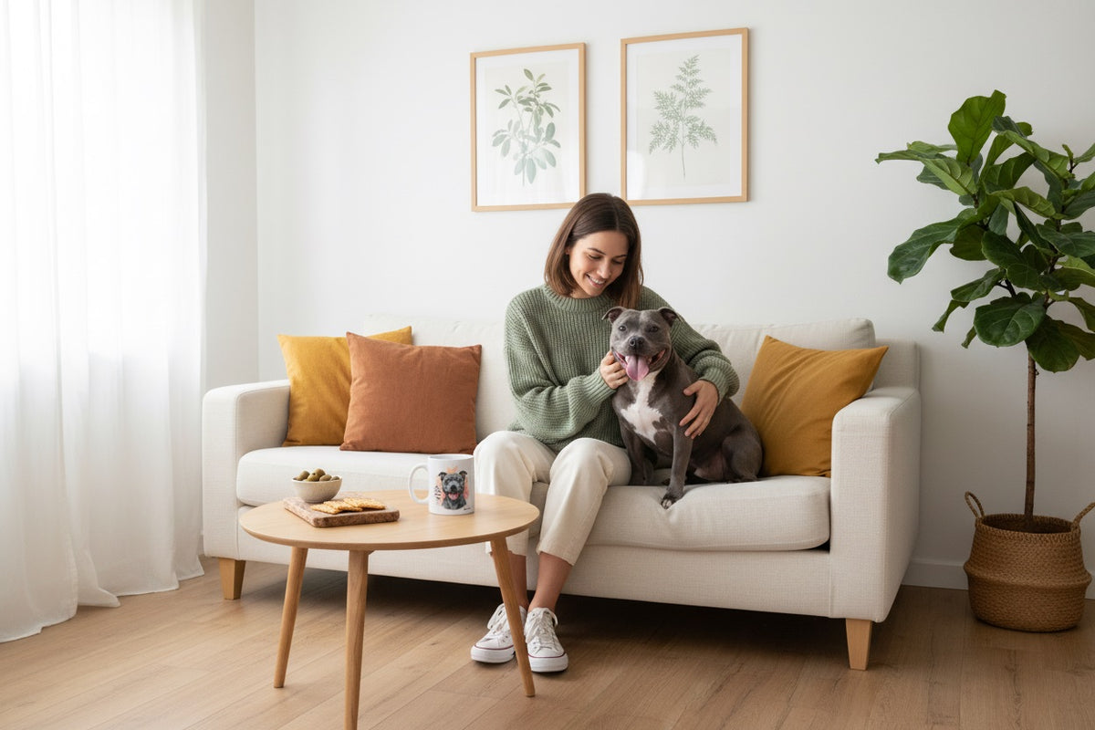 Staffy Blue junto a taza cerámica con ilustración en acuarela – escena lifestyle Kiranoa