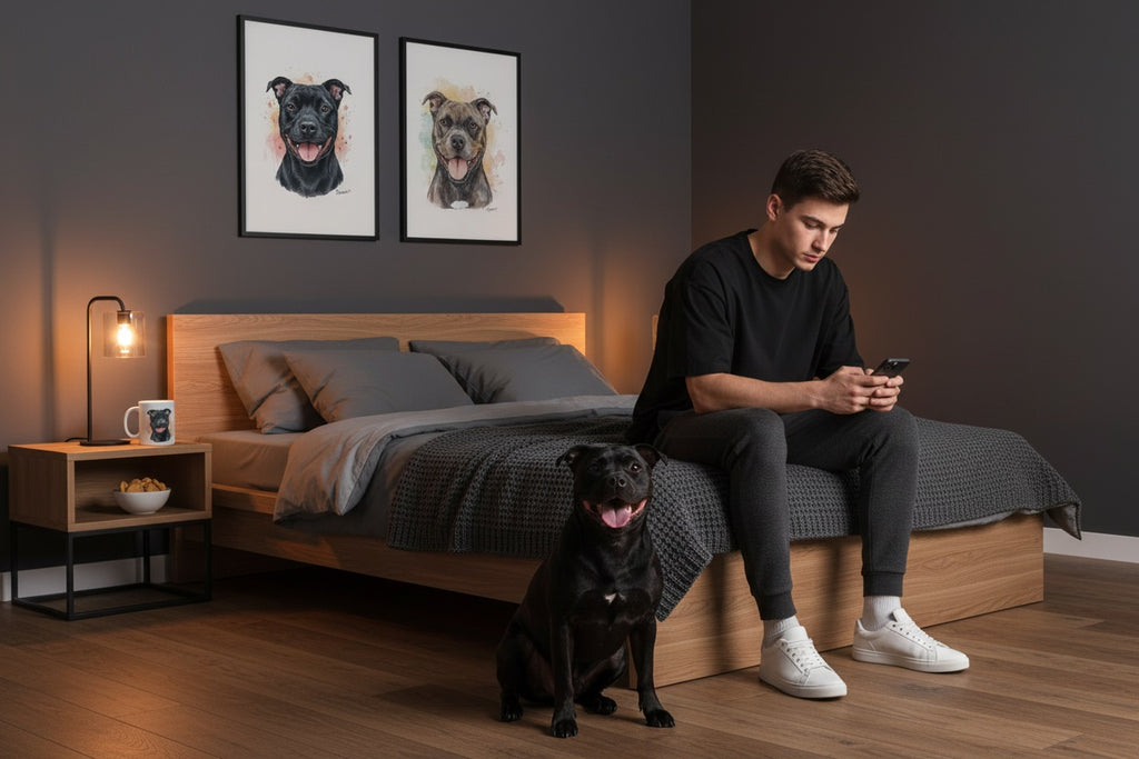 Staffordshire Bull Terrier junto a taza cerámica con ilustración en acuarela – escena lifestyle Kiranoa