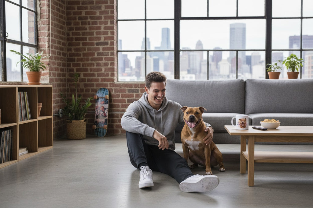 Staffy junto a taza cerámica con ilustración en acuarela – escena lifestyle Kiranoa