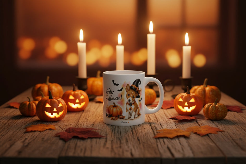 Escena Halloween con taza cerámica Basenji entre calabazas y velas vista lifestyle Kiranoa