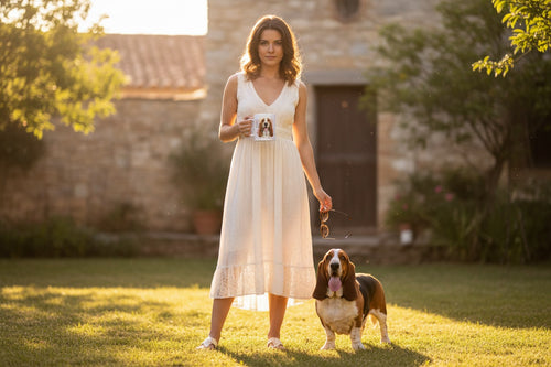 Basset Hound junto a taza cerámica con ilustración en acuarela – escena lifestyle Kiranoa