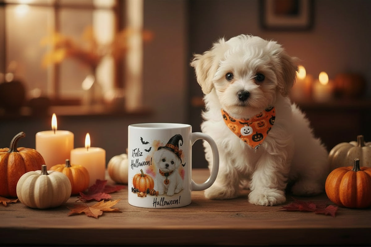 Cachorro de Bichón Maltés disfrazado junto a taza cerámica Halloween escena lifestyle Kiranoa