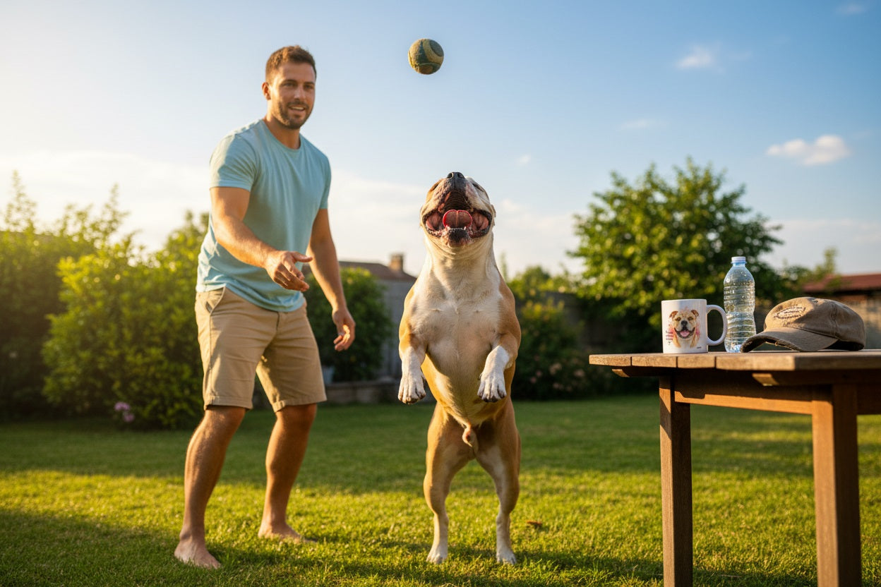 Bulldog Americano junto a taza cerámica con ilustración en acuarela – escena lifestyle Kiranoa