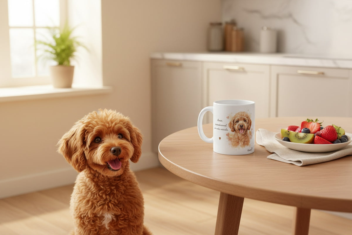 Caniche junto a taza cerámica con ilustración en acuarela – escena lifestyle Kiranoa