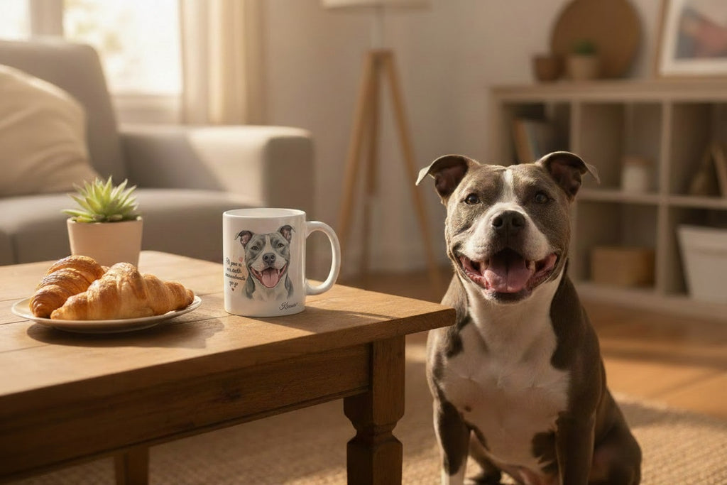 Pit Bull junto a taza cerámica con ilustración en acuarela – escena lifestyle Kiranoa