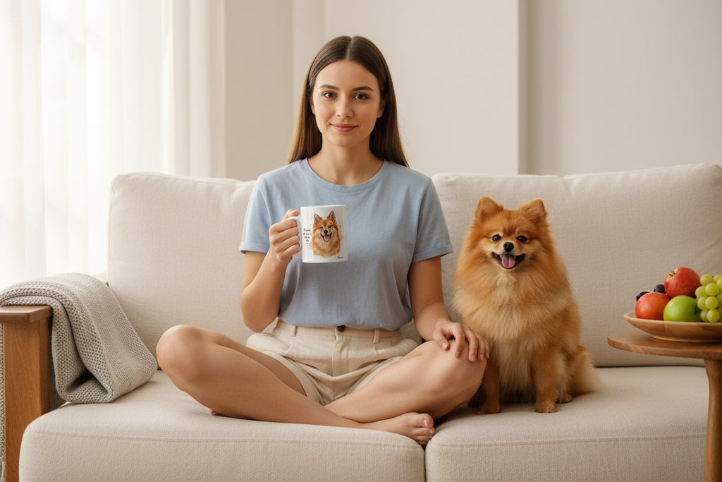 Spitz Alemán junto a taza cerámica con ilustración en acuarela – escena lifestyle Kiranoa
