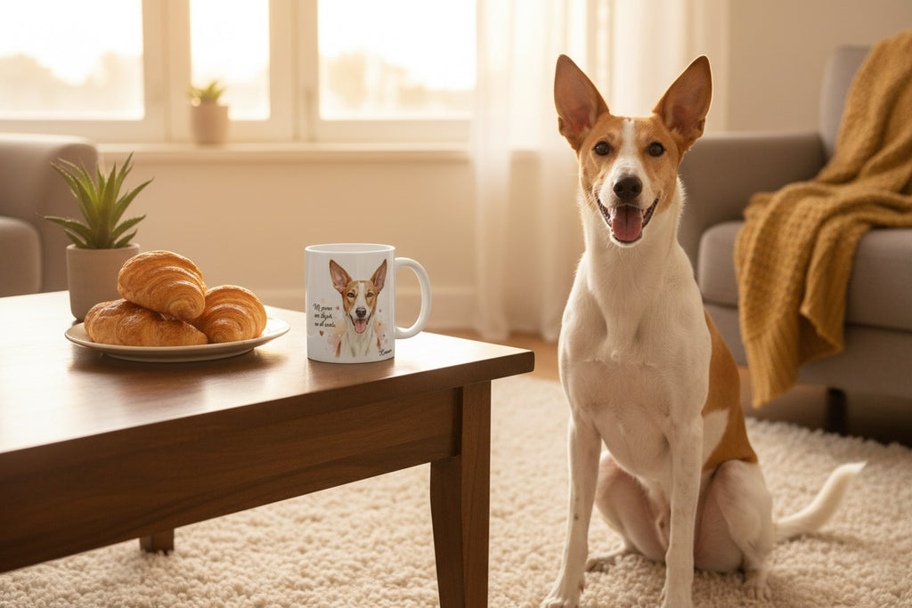 Podenco junto a taza cerámica con ilustración en acuarela – escena lifestyle Kiranoa