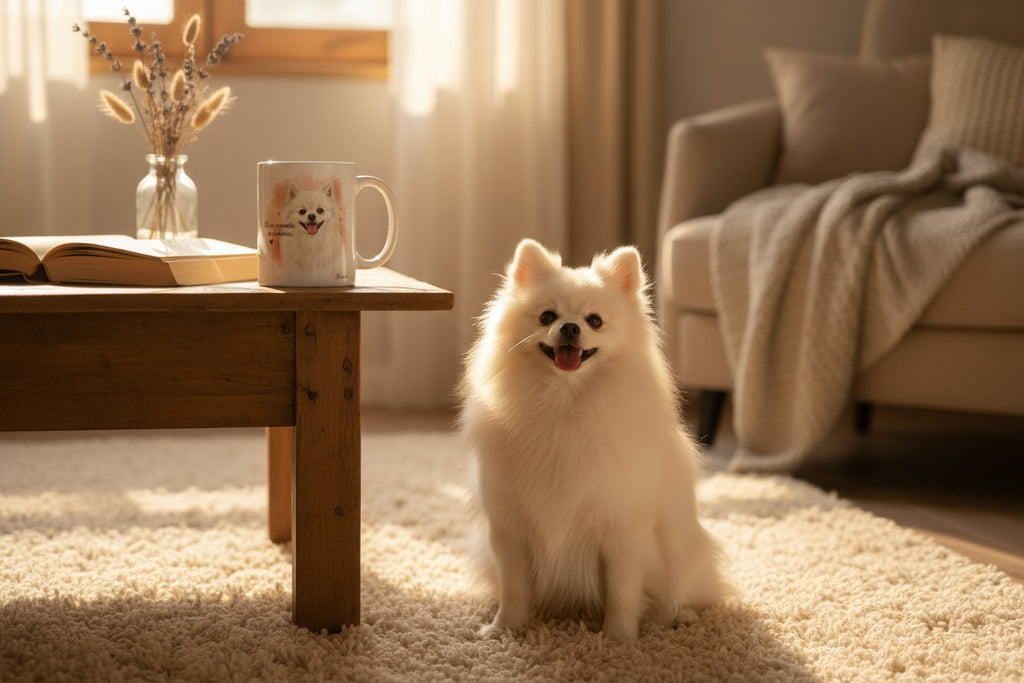 Pomerania junto a taza cerámica con ilustración en acuarela – escena lifestyle Kiranoa