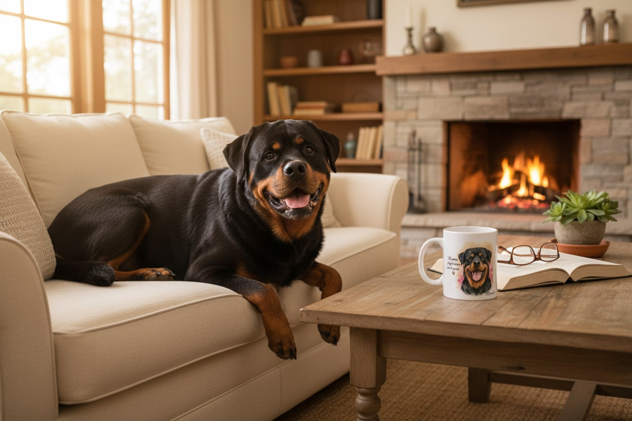 Rottweiler junto a taza cerámica con ilustración en acuarela – escena lifestyle Kiranoa