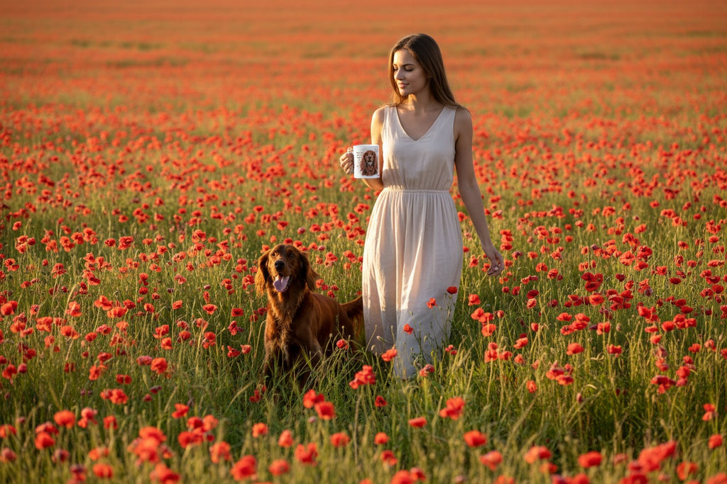 Setter Irlandés junto a taza cerámica con ilustración en acuarela – escena lifestyle Kiranoa