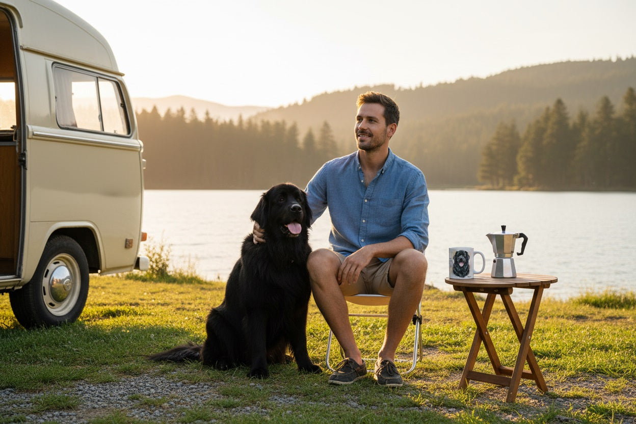 Terranova junto a su dueño acampando al lado de un lago con taza cerámica y cafetera moka – Kiranoa