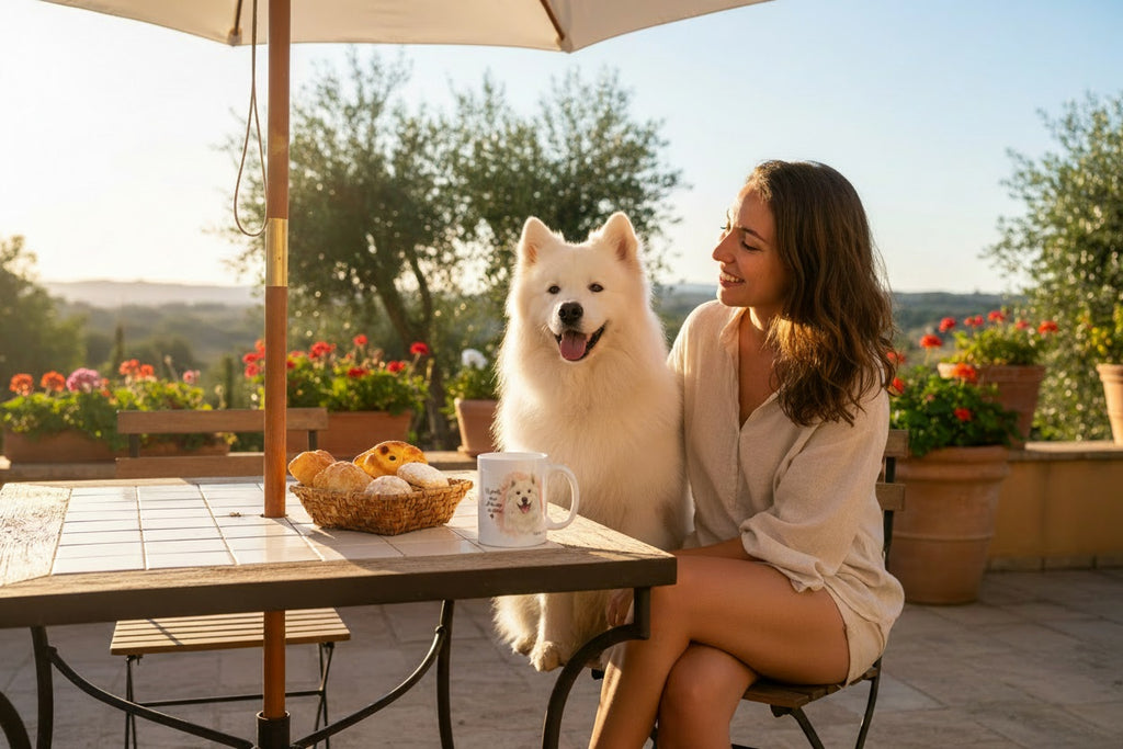 Samoyedo junto a taza cerámica con ilustración en acuarela – escena lifestyle Kiranoa